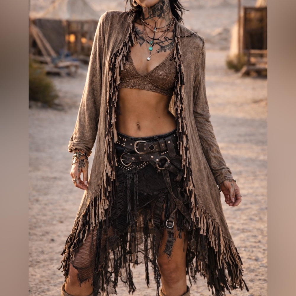 duster cardigan longsleeve top fringe brown black grunge large festival boho